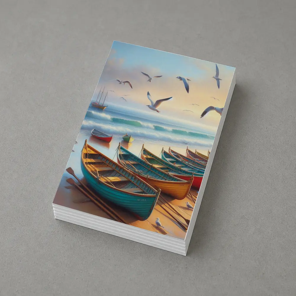 Colorful Rowing Boats Beach Seagulls Ocean Painting – Postcards