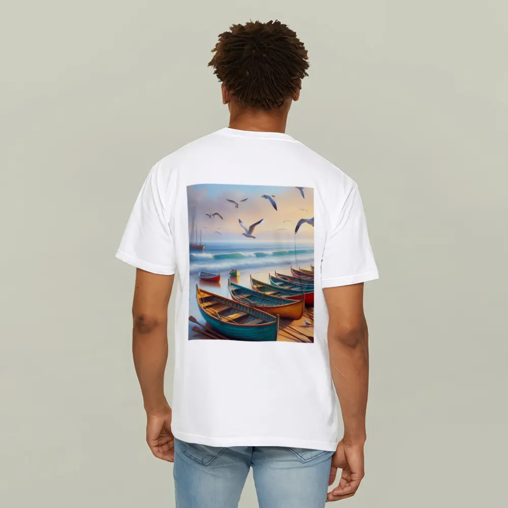 Colorful Rowing Boats Beach Seagulls Ocean Painting – T-Shirts