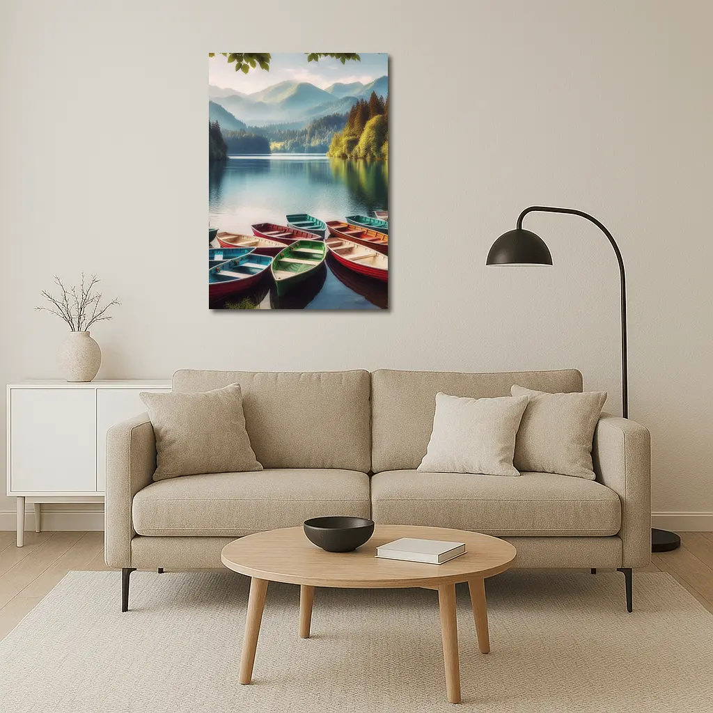 Colorful Rowboats on Calm Mountain Lake – Wall Art