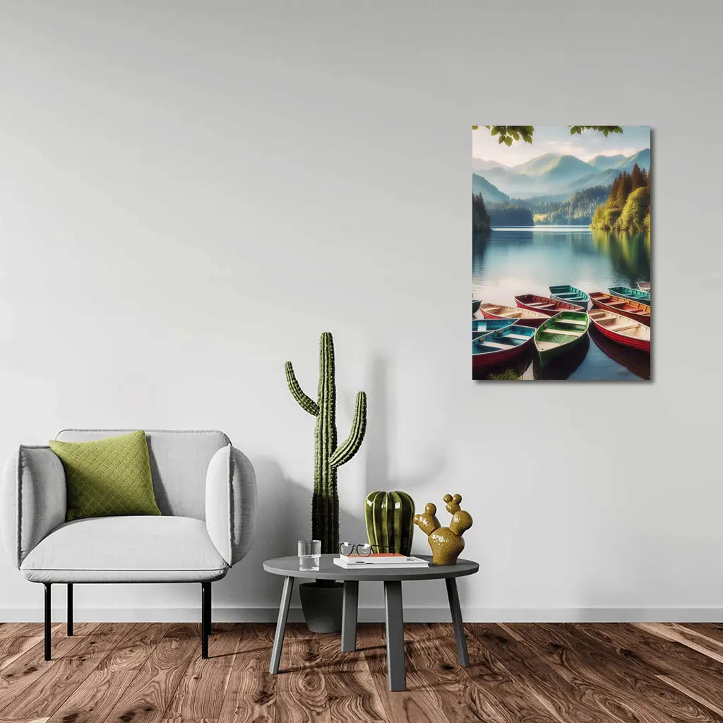 Colorful Rowboats on Calm Mountain Lake – Wall Art