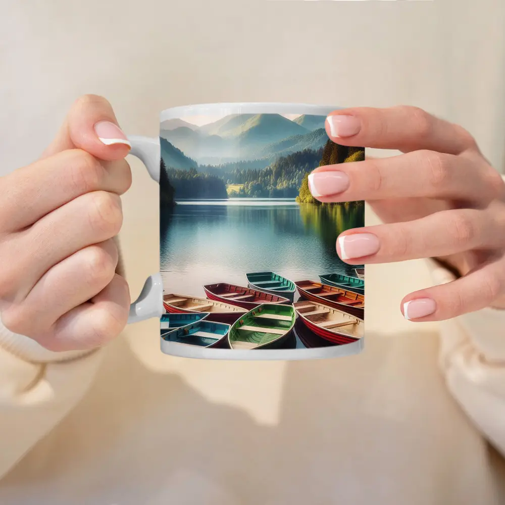 Colorful Rowboats on Calm Mountain Lake – Mugs