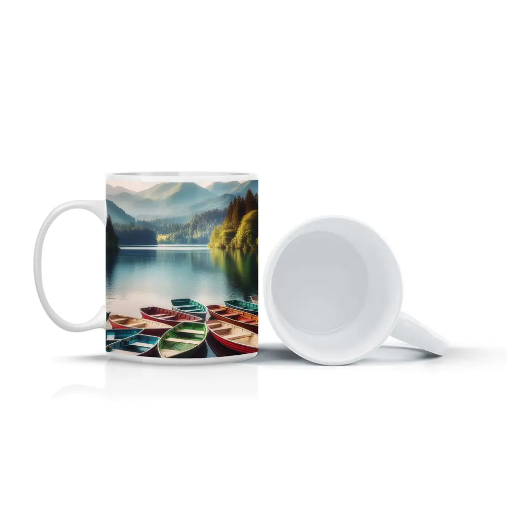 Colorful Rowboats on Calm Mountain Lake – Mugs