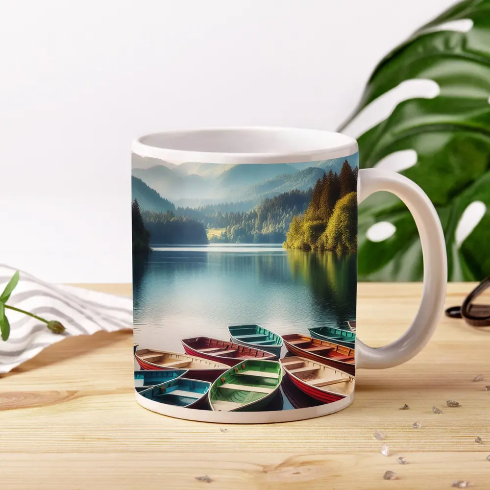 Colorful Rowboats on Calm Mountain Lake – Mugs