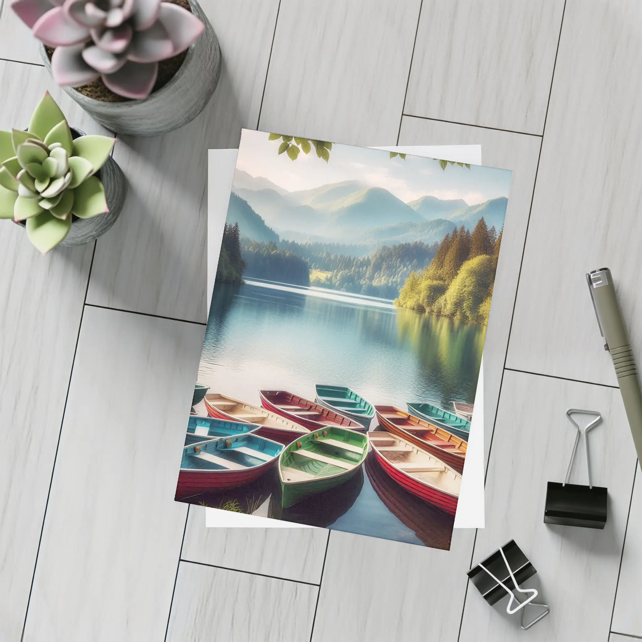 Colorful Rowboats on Calm Mountain Lake – Postcards