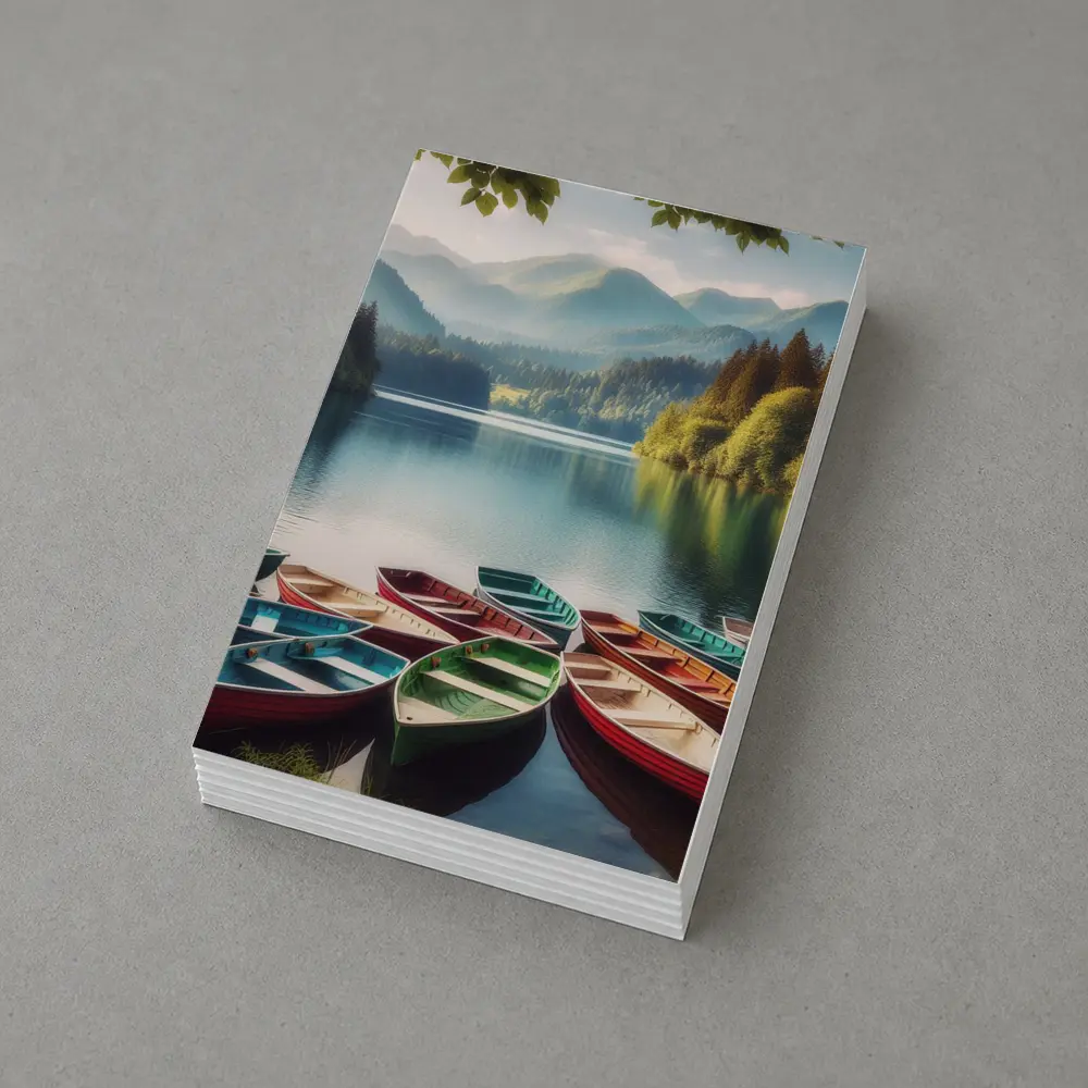 Colorful Rowboats on Calm Mountain Lake – Postcards