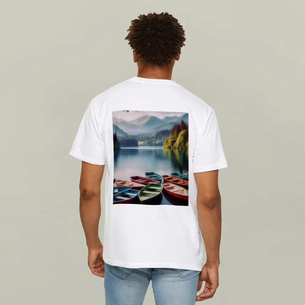 Colorful Rowboats on Calm Mountain Lake – T-Shirts