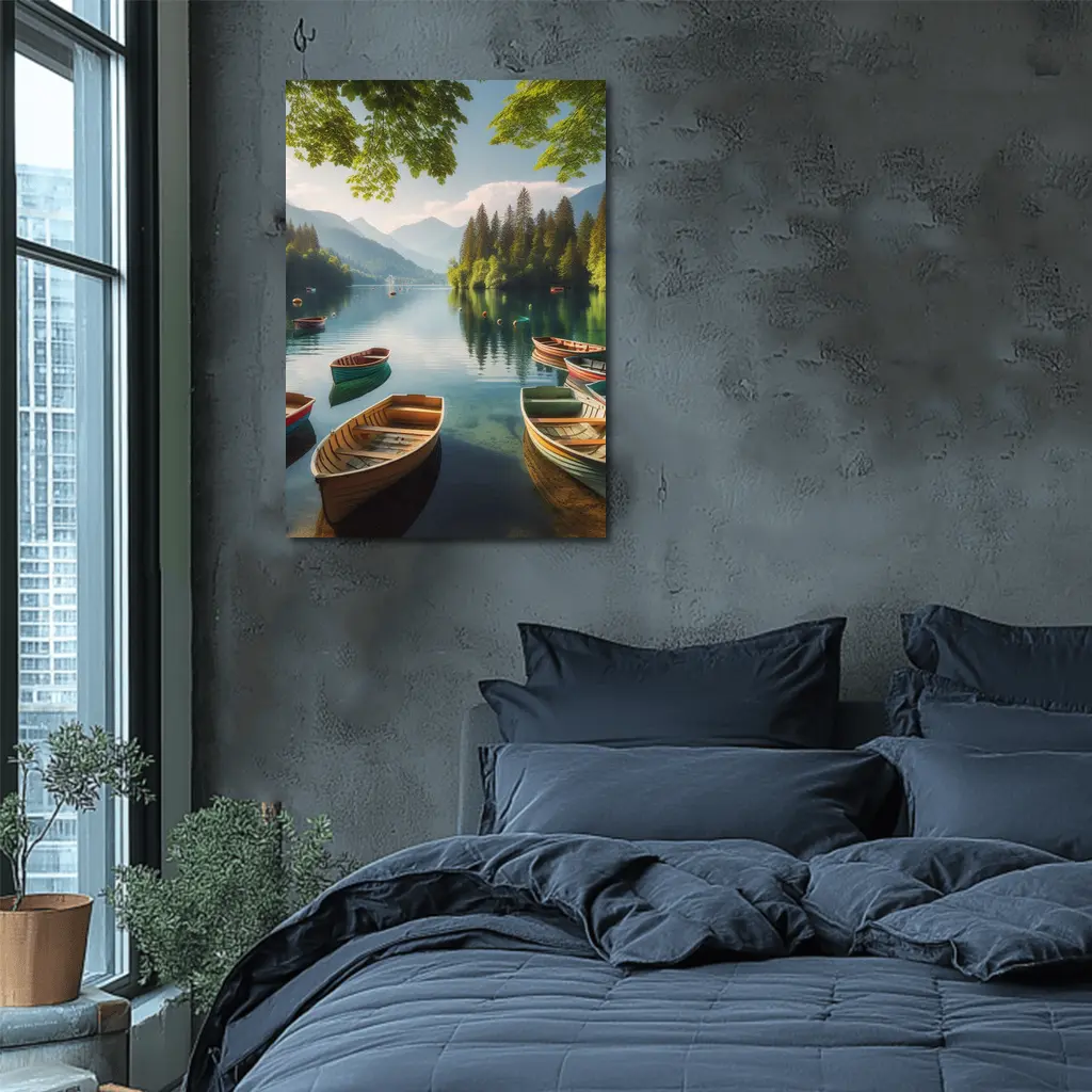 Wooden Rowboats on Calm Mountain Lake – Wall Art