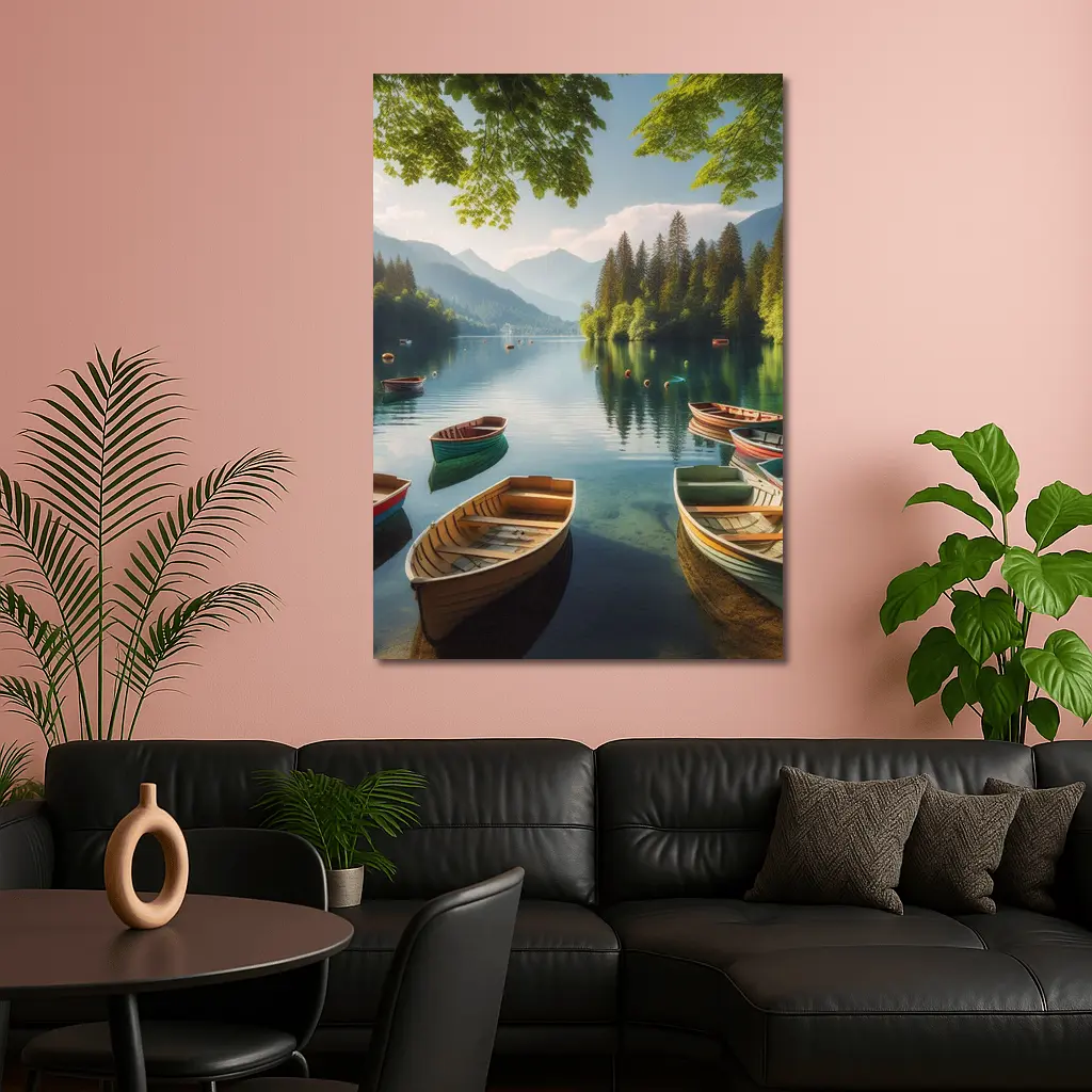 Wooden Rowboats on Calm Mountain Lake – Wall Art