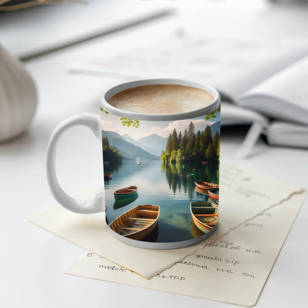 Wooden Rowboats on Calm Mountain Lake – Mugs