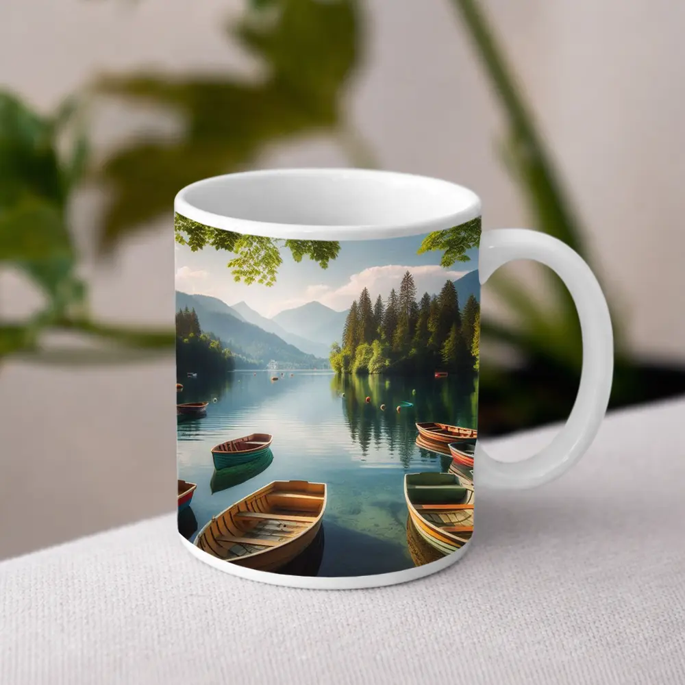 Wooden Rowboats on Calm Mountain Lake – Mugs