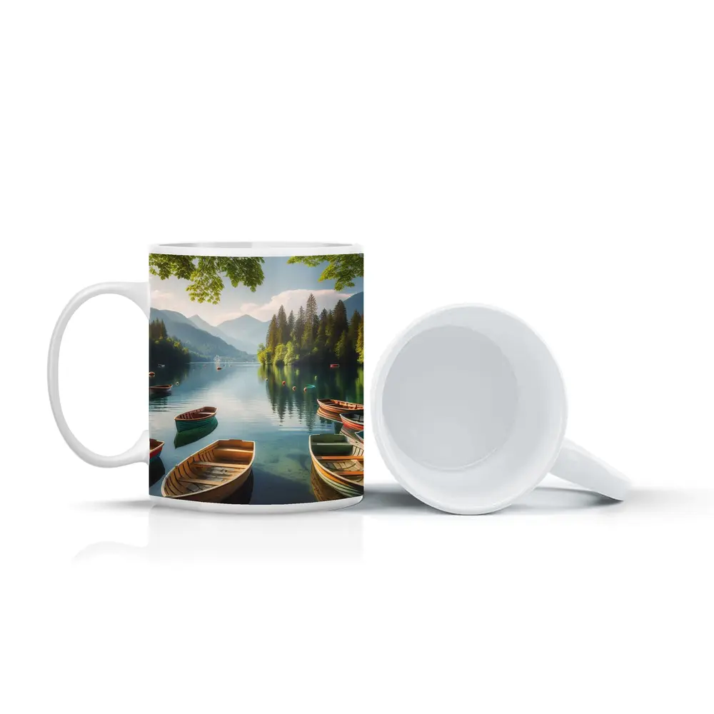 Wooden Rowboats on Calm Mountain Lake – Mugs