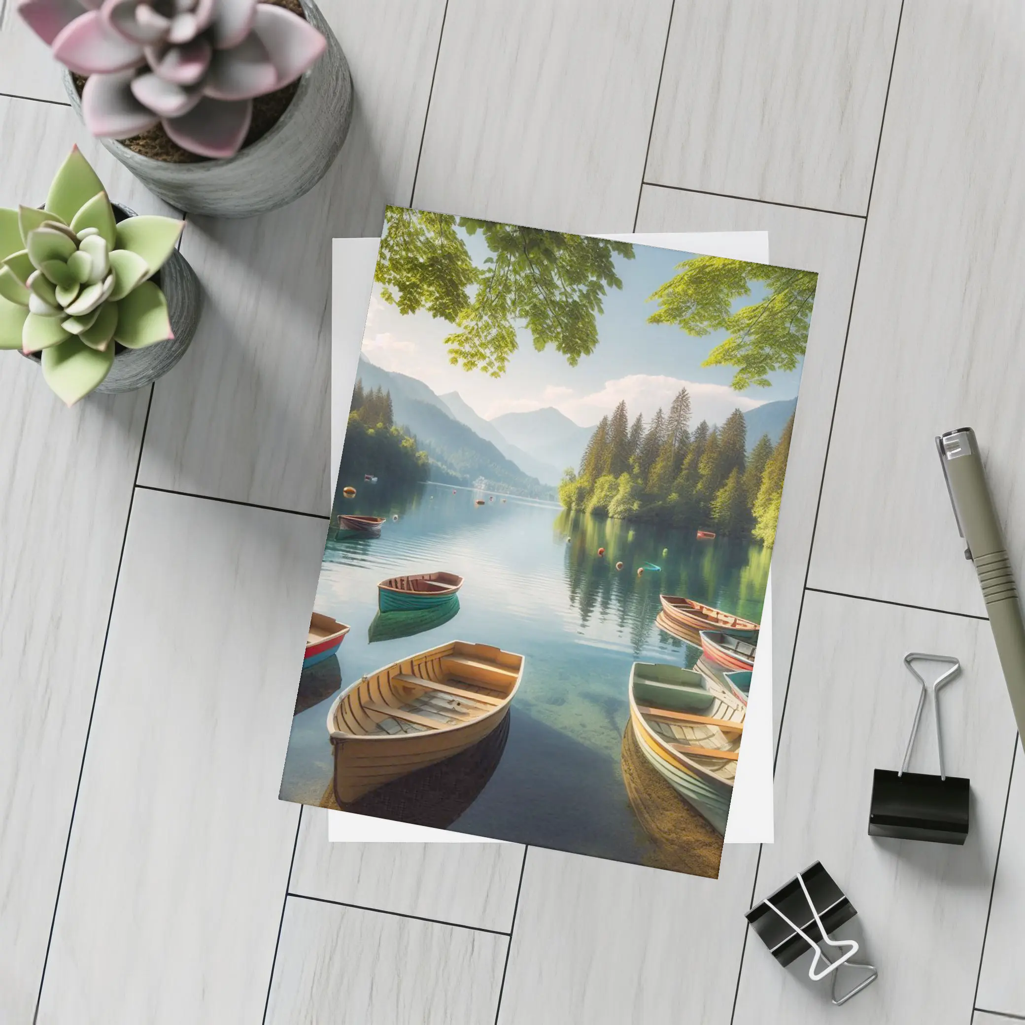 Wooden Rowboats on Calm Mountain Lake – Postcards