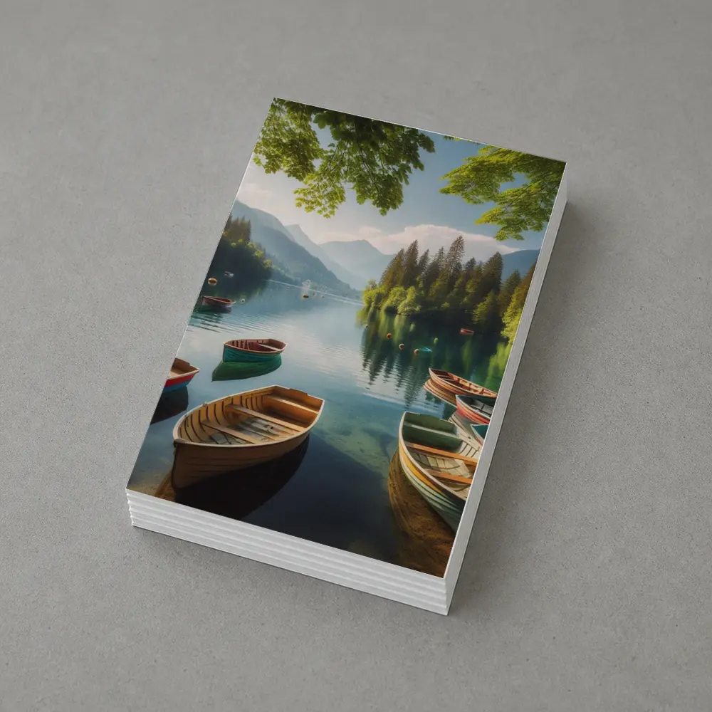 Wooden Rowboats on Calm Mountain Lake – Postcards