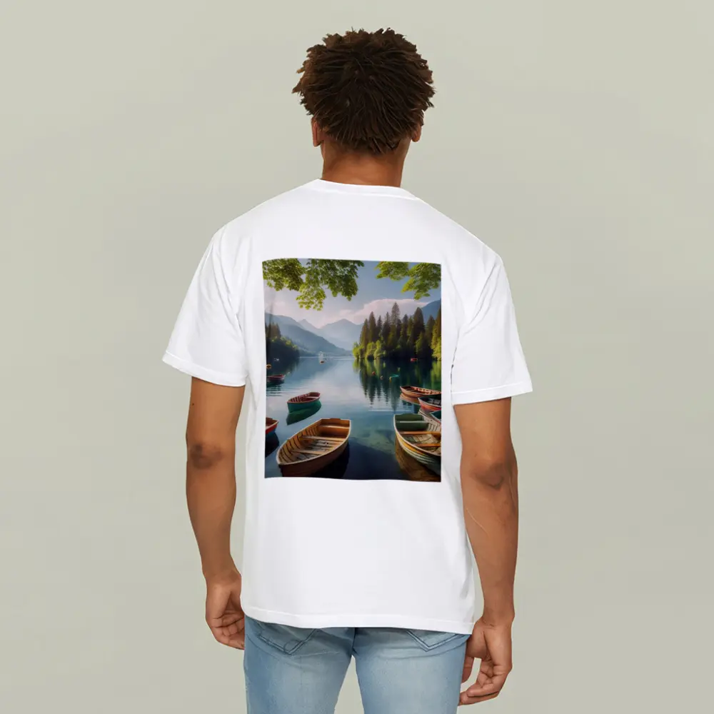 Wooden Rowboats on Calm Mountain Lake – T-Shirts