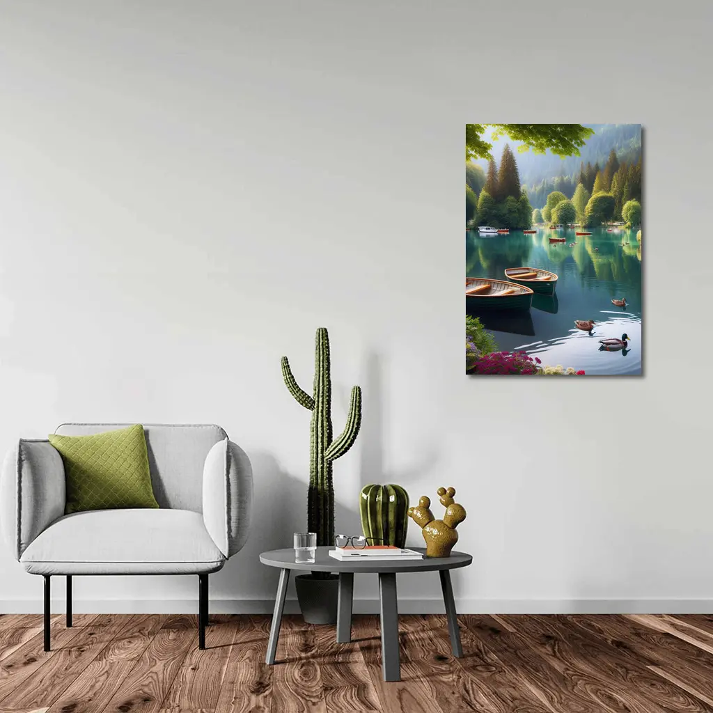 Wooden Rowboats Ducks Calm Forest Lake – Wall Art