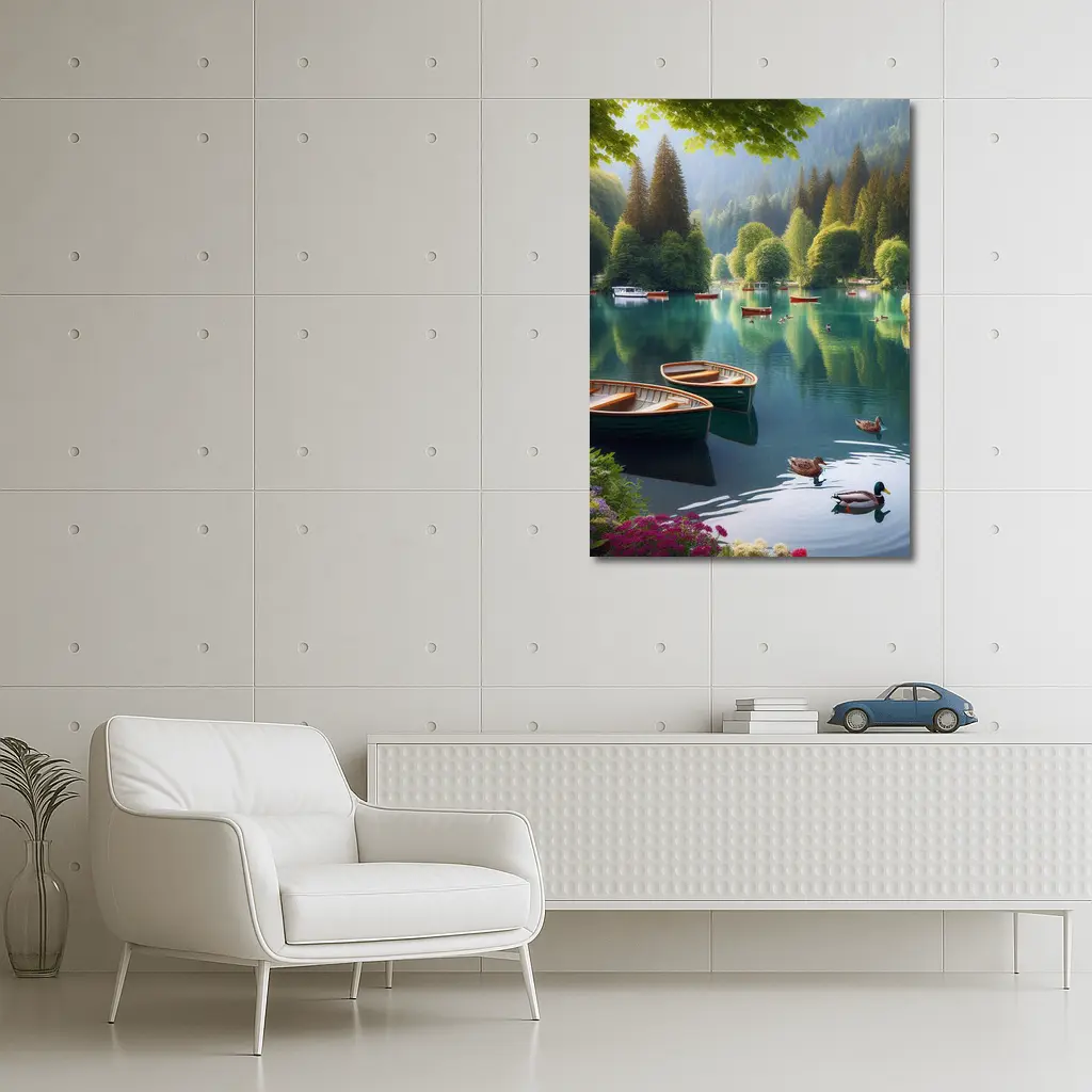 Wooden Rowboats Ducks Calm Forest Lake – Wall Art