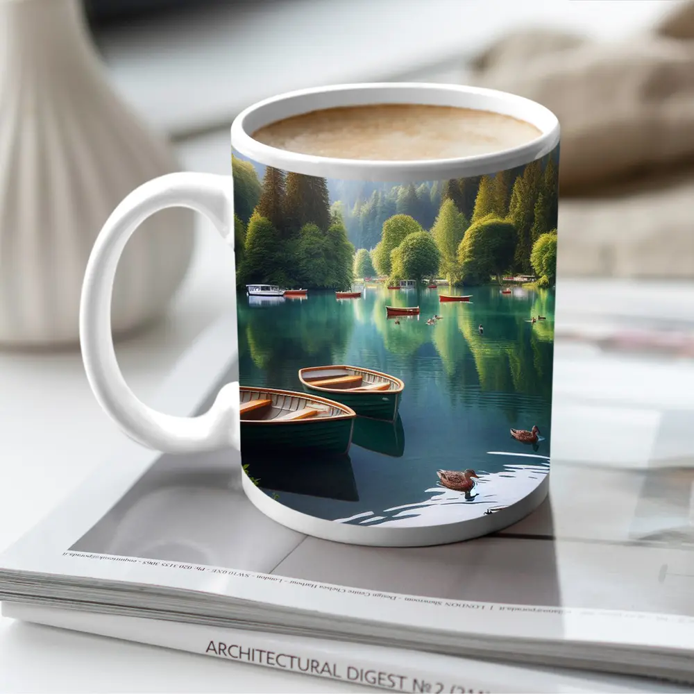 Wooden Rowboats Ducks Calm Forest Lake – Mugs