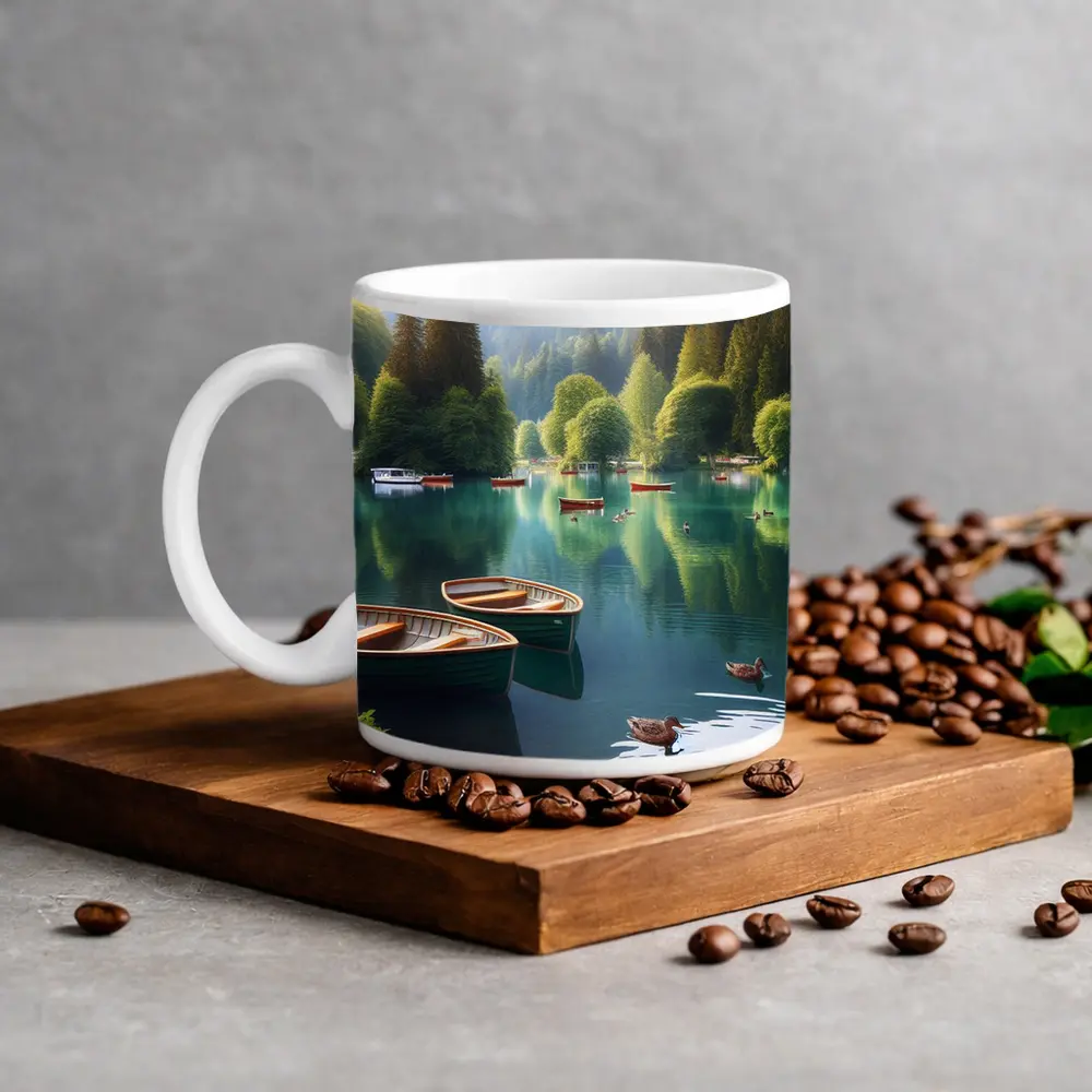 Wooden Rowboats Ducks Calm Forest Lake – Mugs