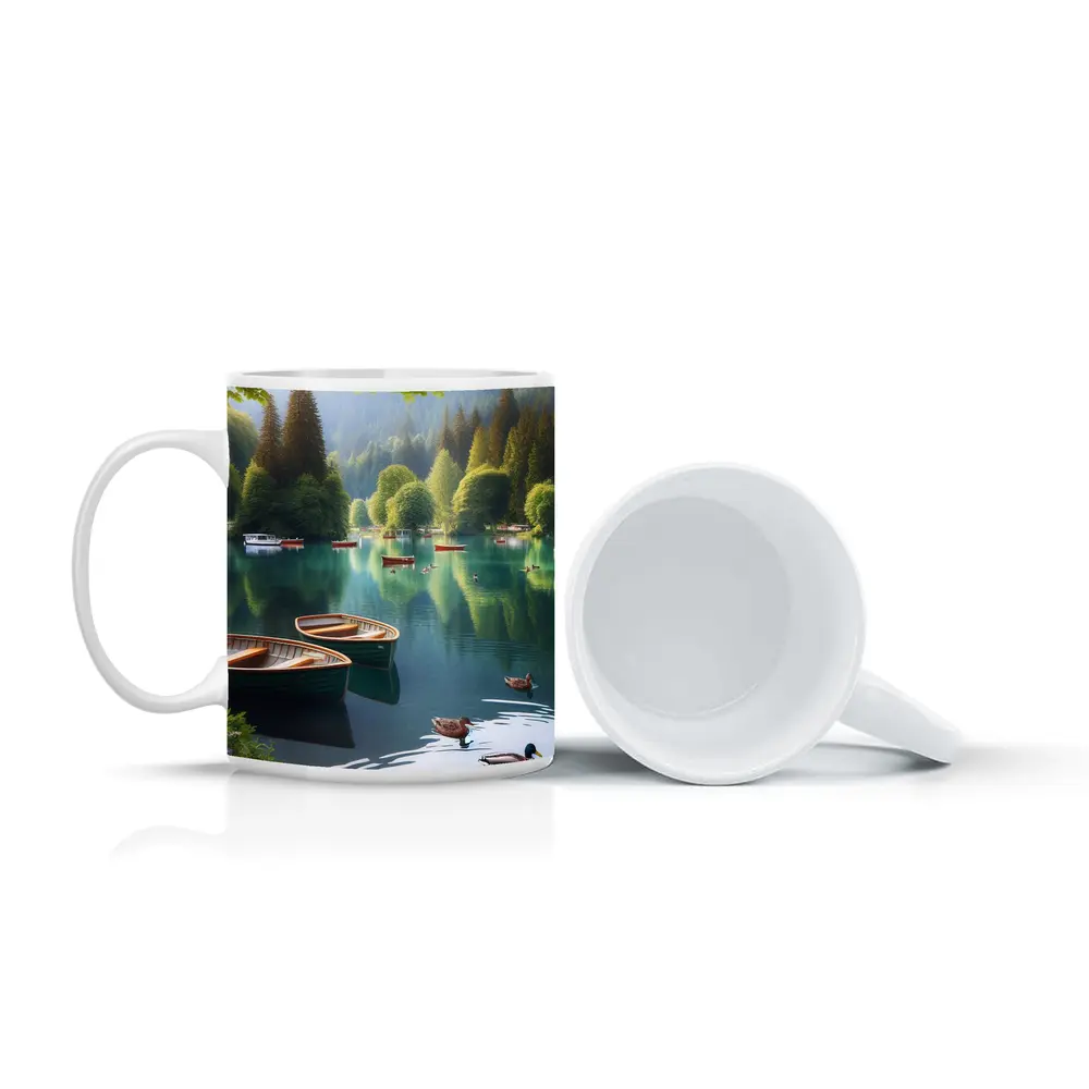 Wooden Rowboats Ducks Calm Forest Lake – Mugs
