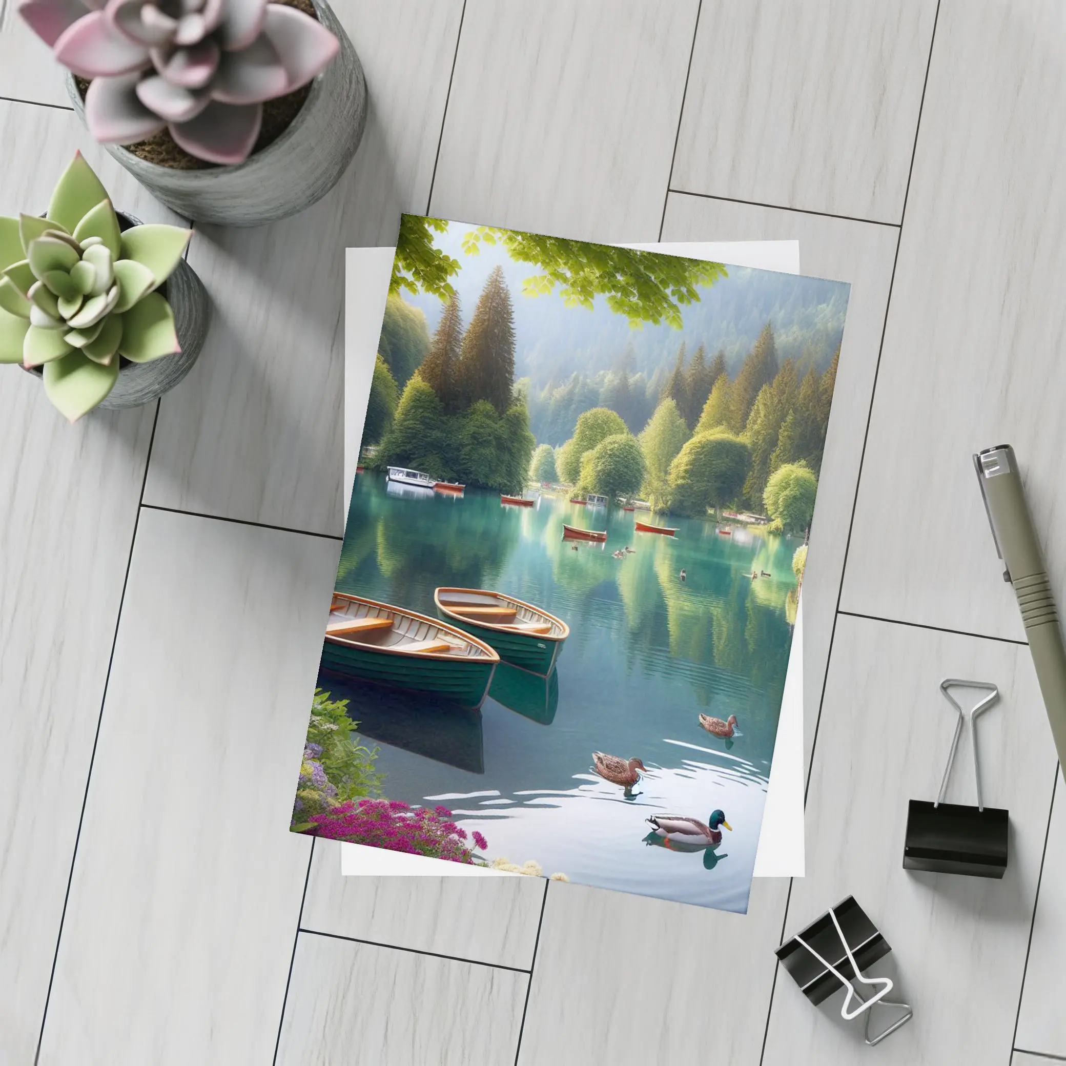 Wooden Rowboats Ducks Calm Forest Lake – Postcards