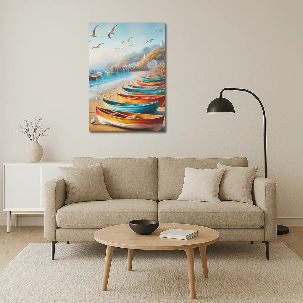 Colorful Rowboats On Sandy Beach Coastal Scene – Wall Art