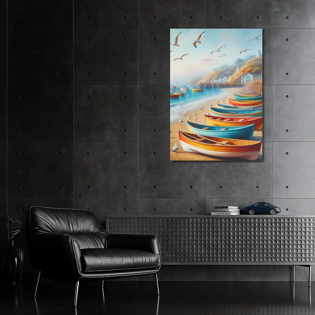 Colorful Rowboats On Sandy Beach Coastal Scene – Wall Art