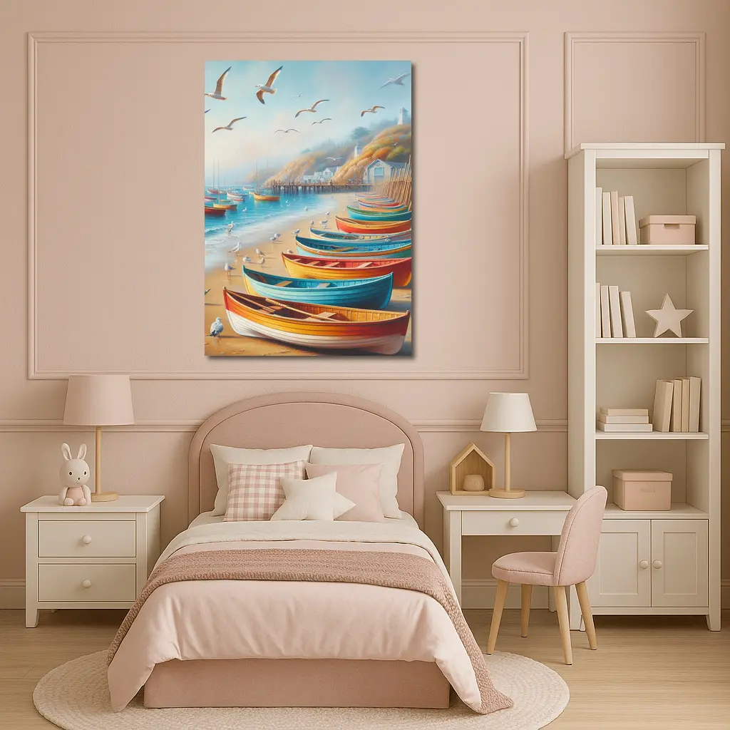 Colorful Rowboats On Sandy Beach Coastal Scene – Wall Art