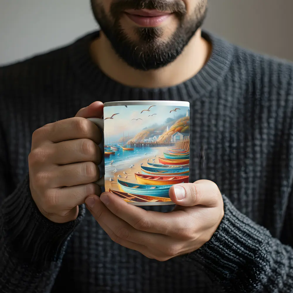 Colorful Rowboats On Sandy Beach Coastal Scene – Mugs