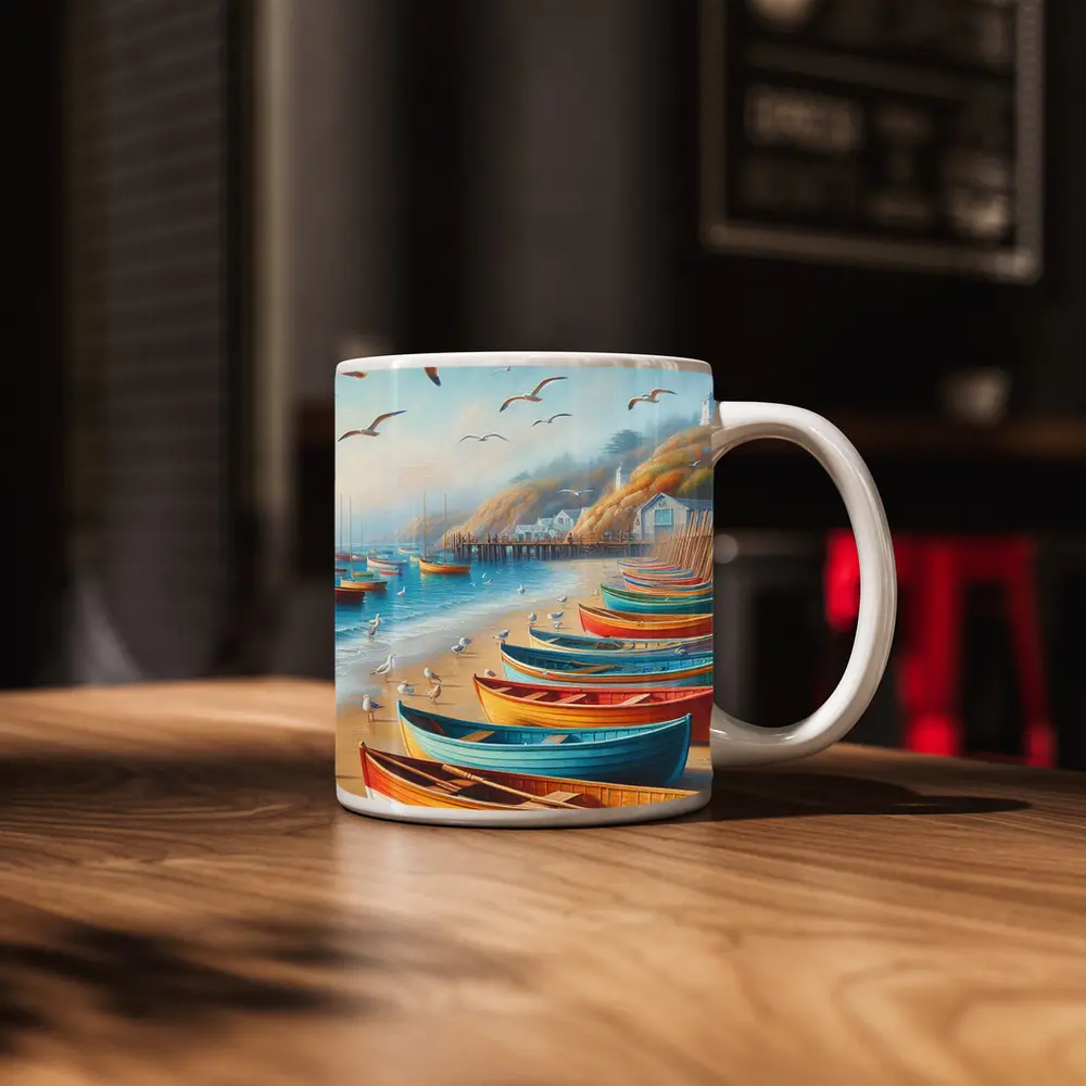 Colorful Rowboats On Sandy Beach Coastal Scene – Mugs
