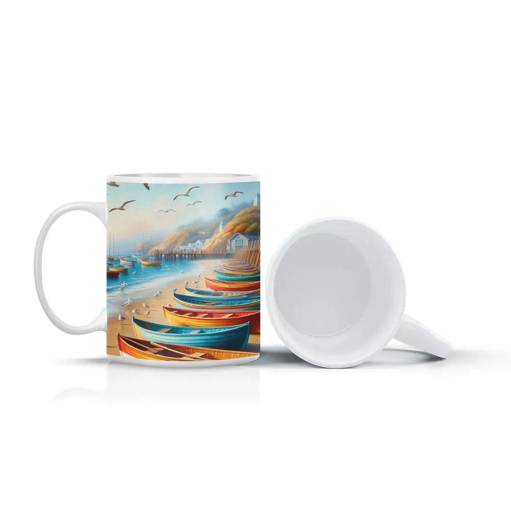 Colorful Rowboats On Sandy Beach Coastal Scene – Mugs