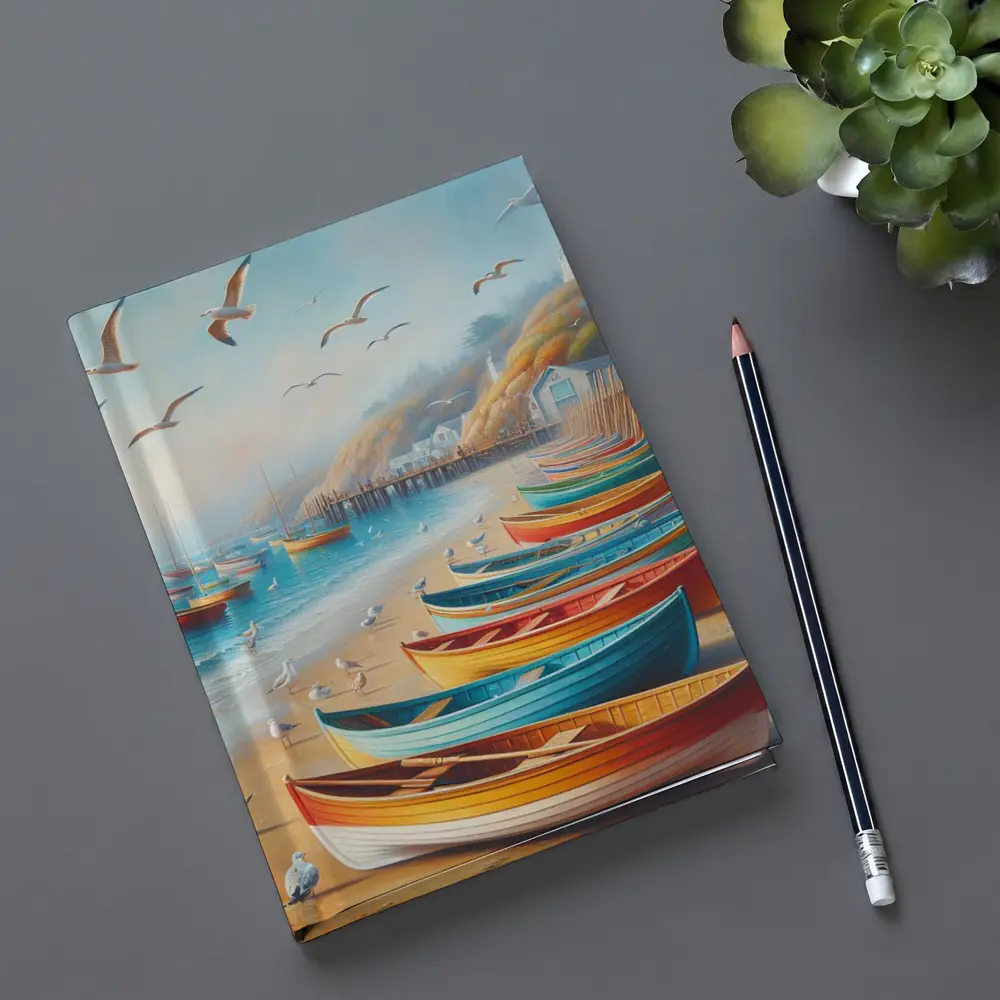 Colorful Rowboats On Sandy Beach Coastal Scene – Notebooks