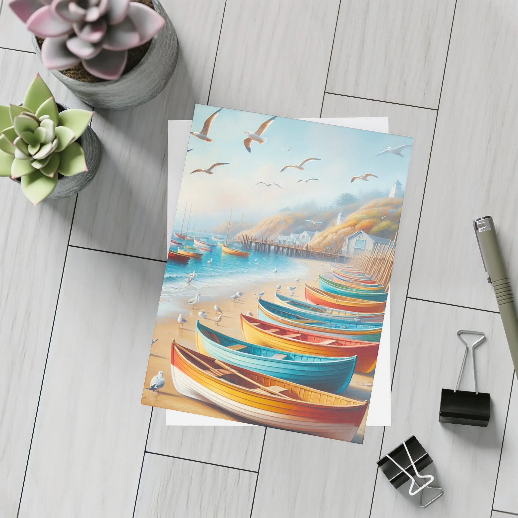 Colorful Rowboats On Sandy Beach Coastal Scene – Postcards
