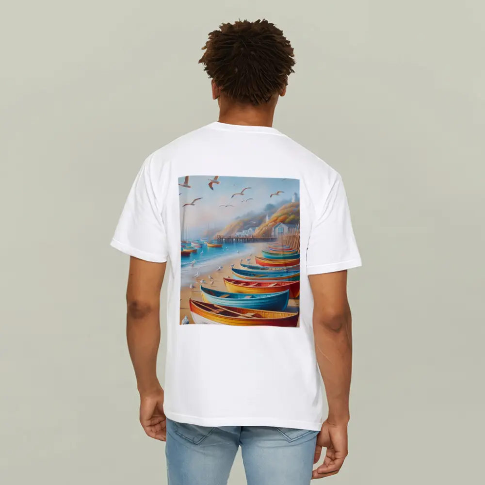 Colorful Rowboats On Sandy Beach Coastal Scene – T-Shirts