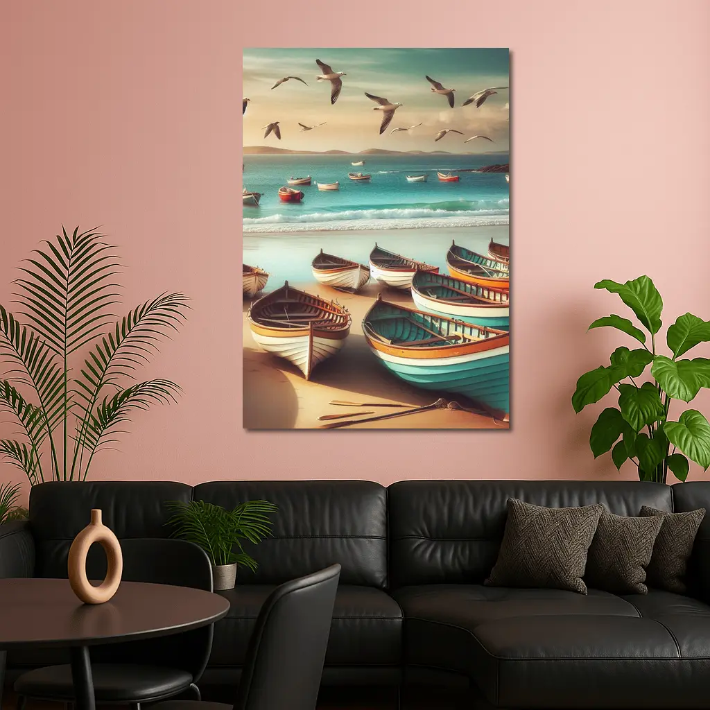 Colorful Wooden Boats on Sandy Beach – Wall Art