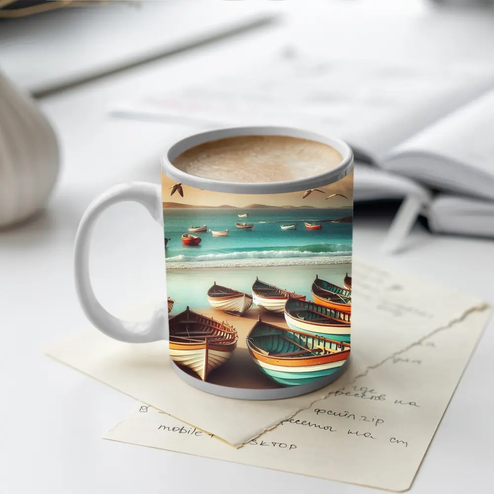 Colorful Wooden Boats on Sandy Beach – Mugs