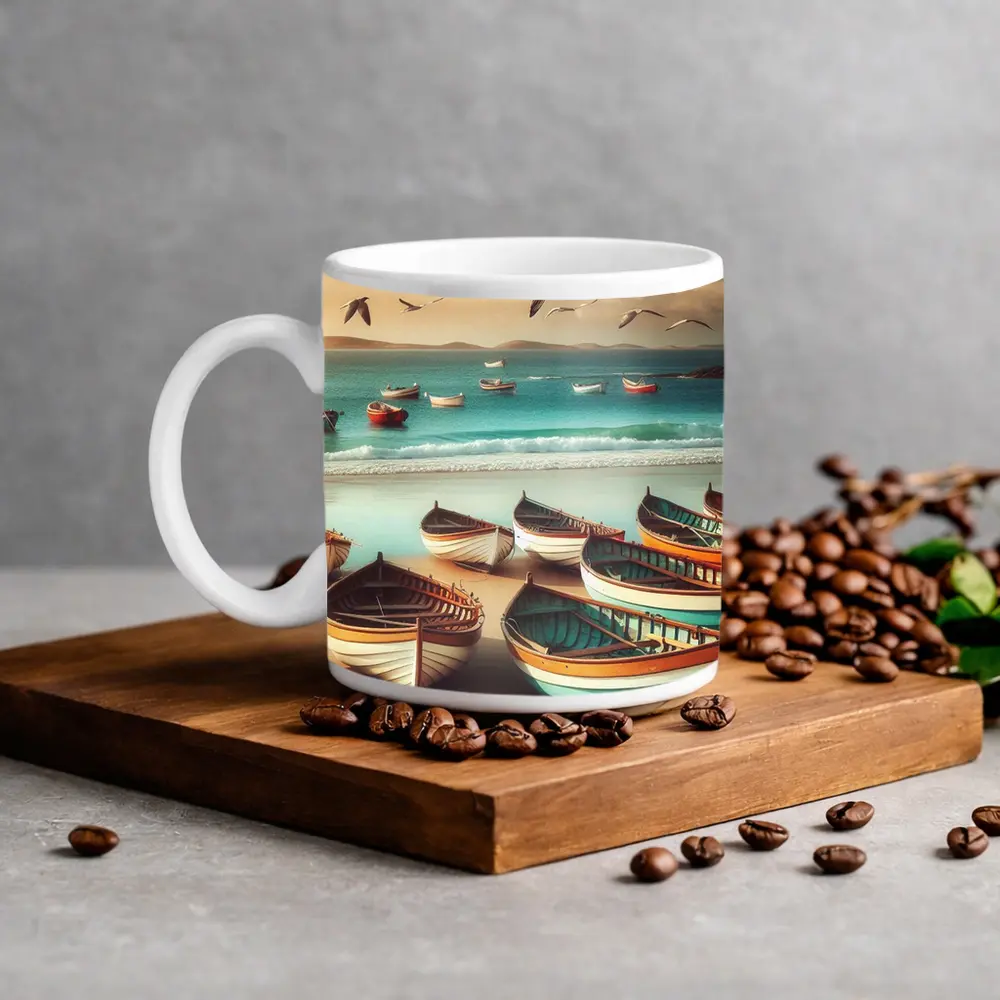 Colorful Wooden Boats on Sandy Beach – Mugs
