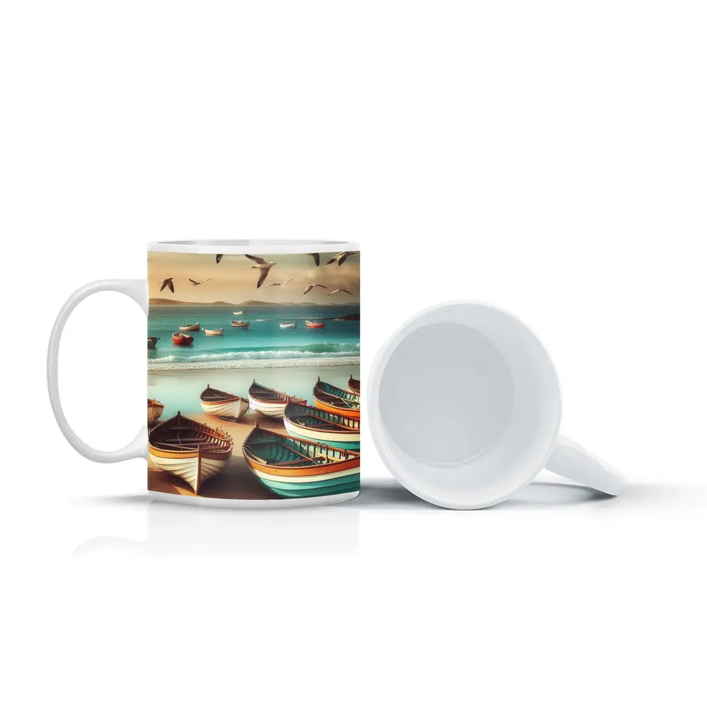 Colorful Wooden Boats on Sandy Beach – Mugs