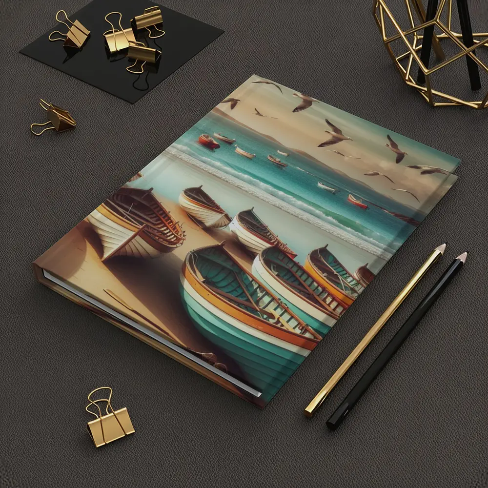 Colorful Wooden Boats on Sandy Beach – Notebooks