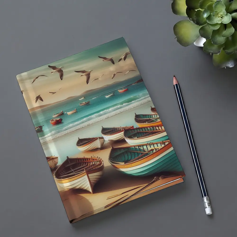 Colorful Wooden Boats on Sandy Beach – Notebooks