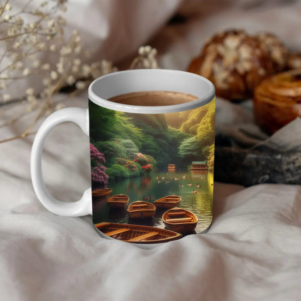 Wooden Rowboats On Peaceful Green Lake – Mugs