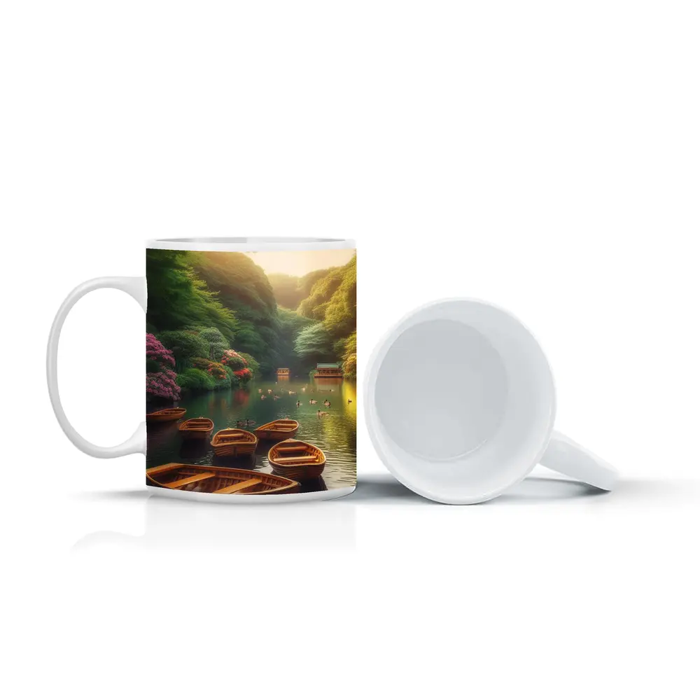Wooden Rowboats On Peaceful Green Lake – Mugs