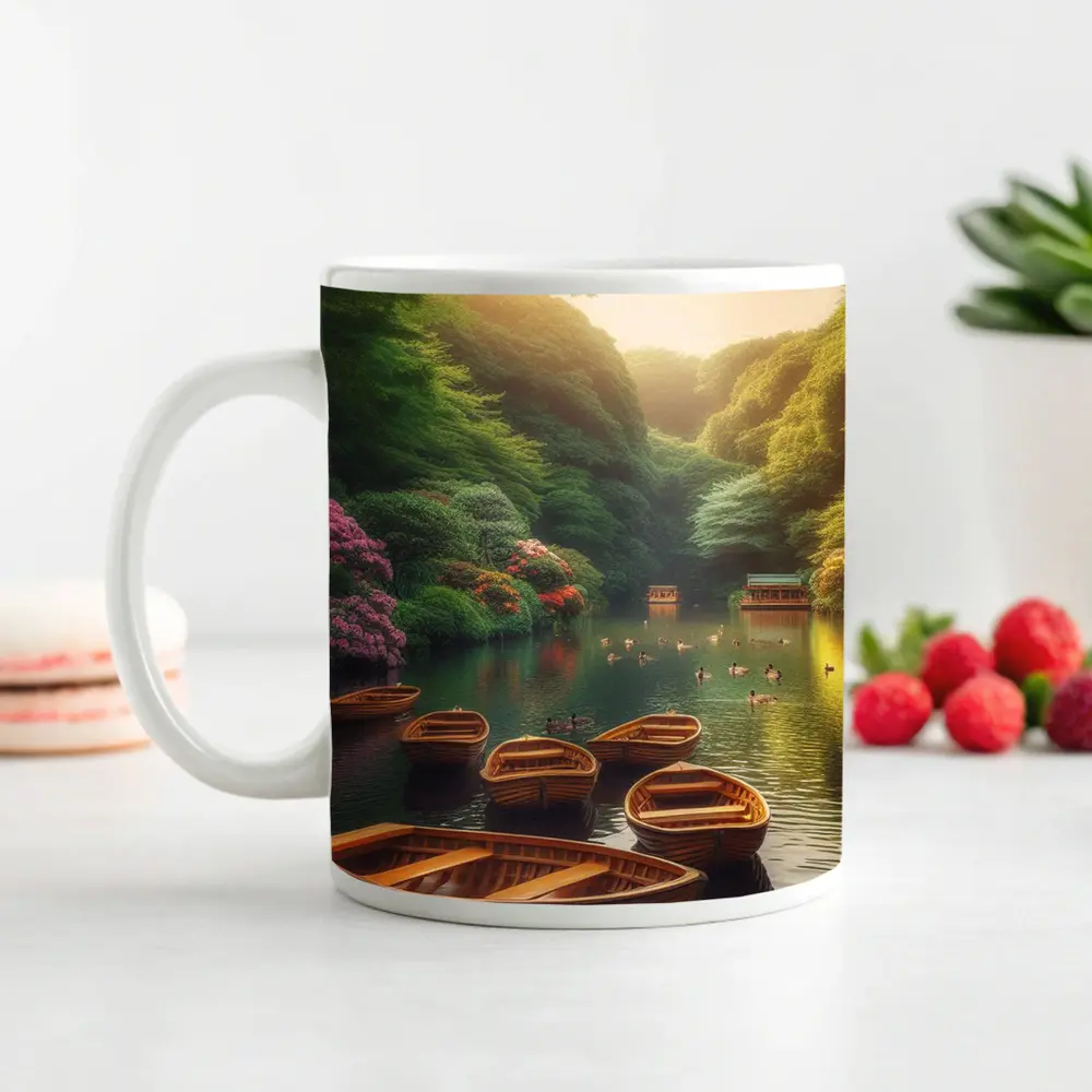 Wooden Rowboats On Peaceful Green Lake – Mugs
