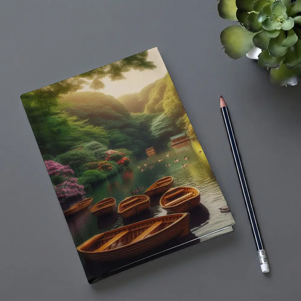 Wooden Rowboats On Peaceful Green Lake – Notebooks