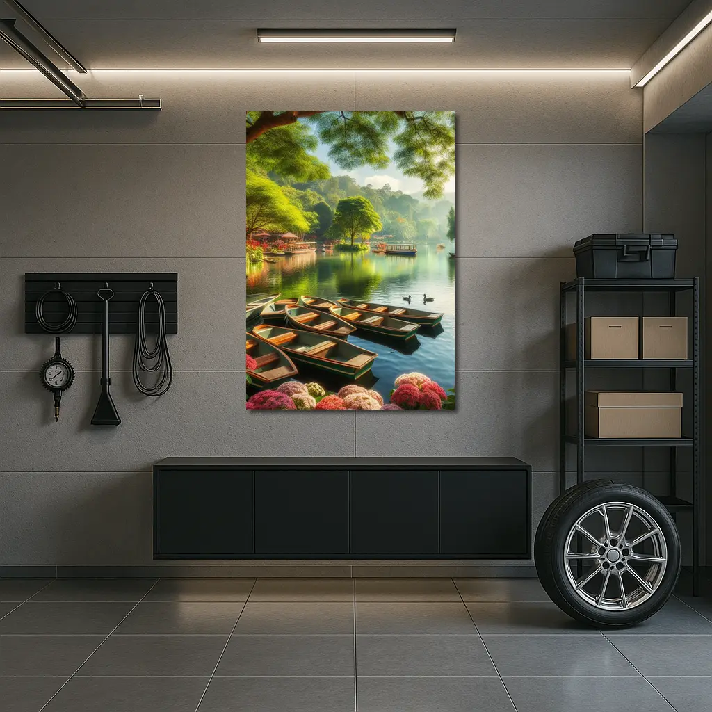 Rowboats on Calm Lake Green Trees – Wall Art