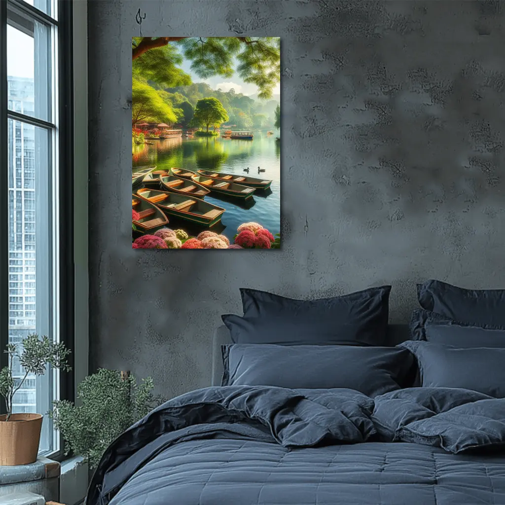 Rowboats on Calm Lake Green Trees – Wall Art