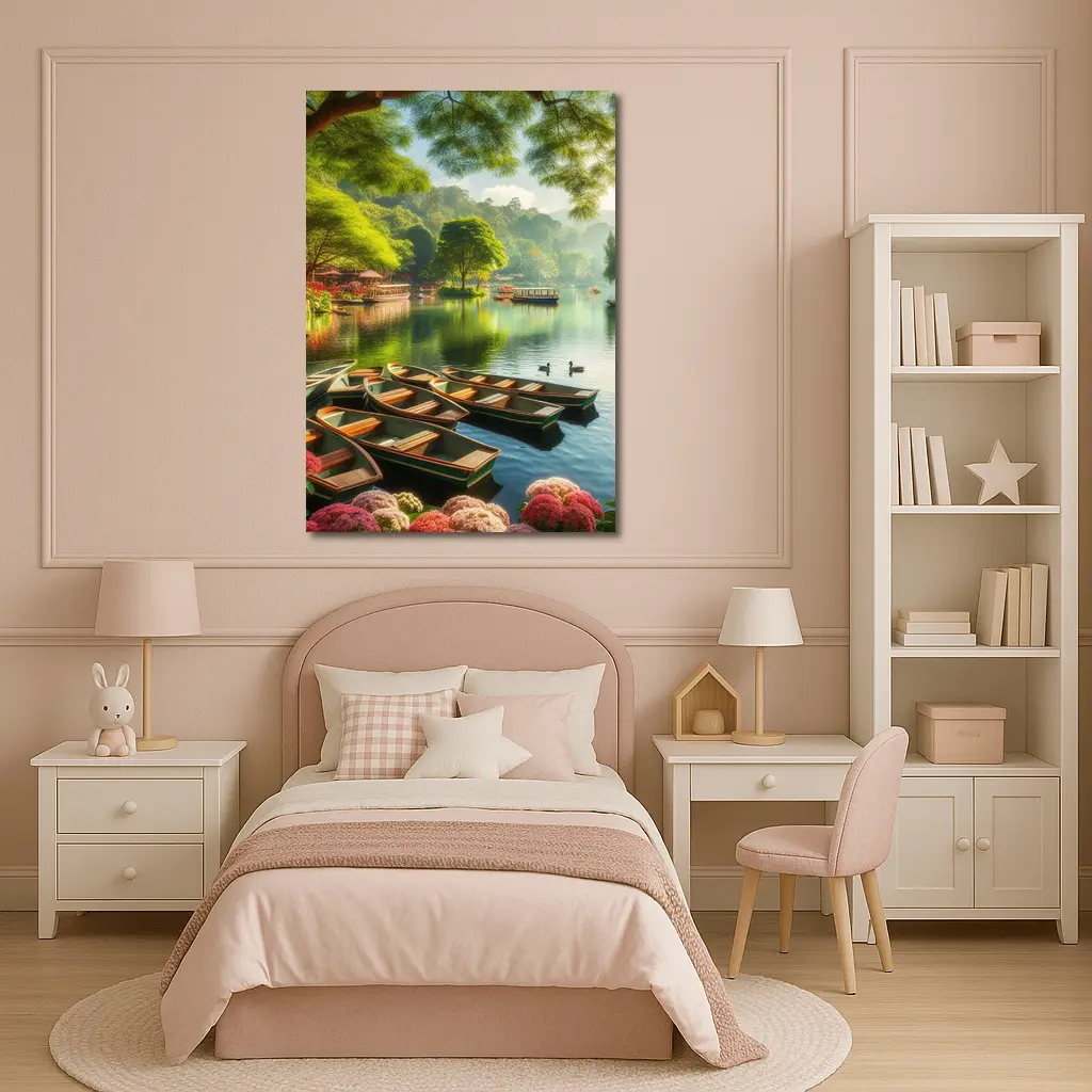 Rowboats on Calm Lake Green Trees – Wall Art