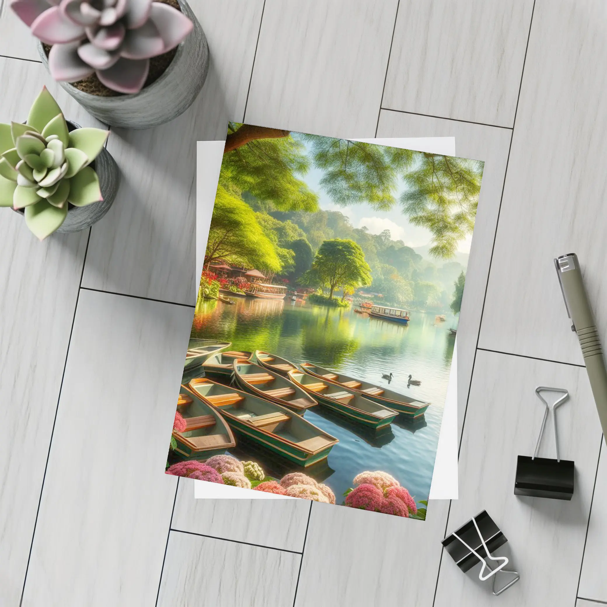 Rowboats on Calm Lake Green Trees – Postcards