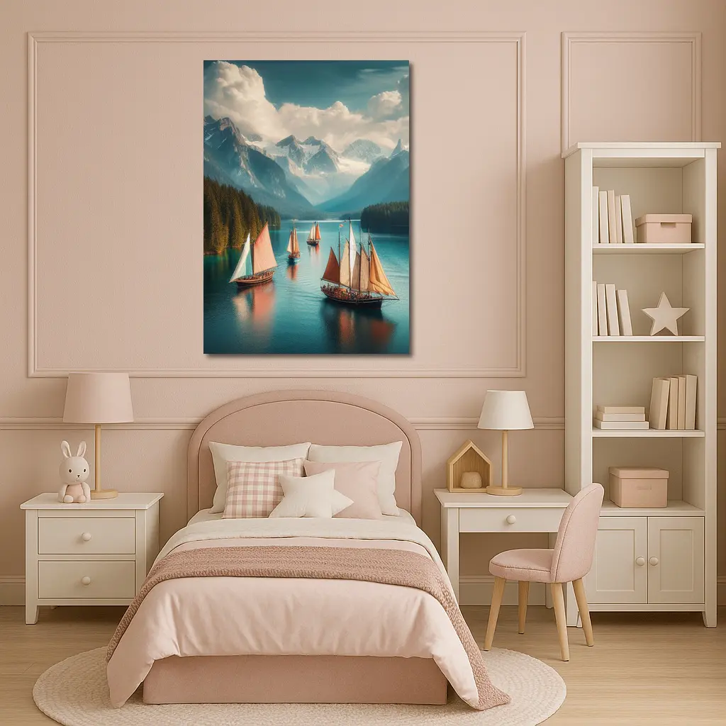Sailing Ships on Turquoise Mountain Lake – Wall Art