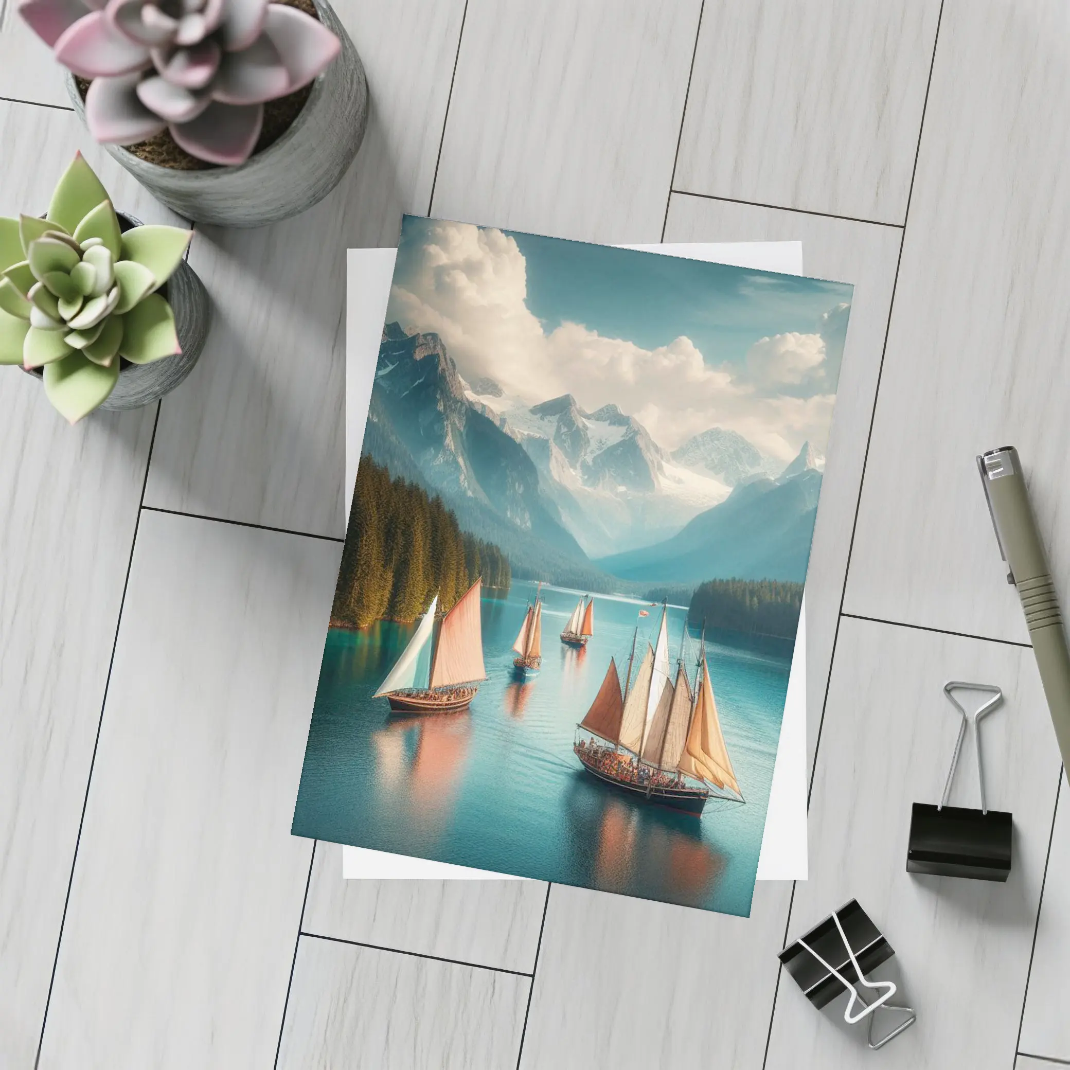 Sailing Ships on Turquoise Mountain Lake – Postcards