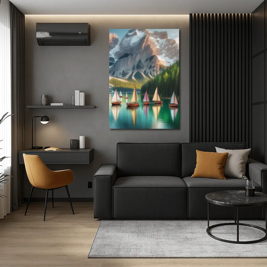 Colorful Sailboats Alpine Mountain Lake Scene – Wall Art